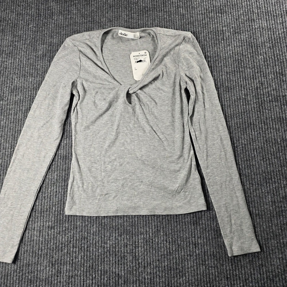Elodie Heather Grey Ribbed Twist Front Long Sleeve Top ELTE1170 Small NWT